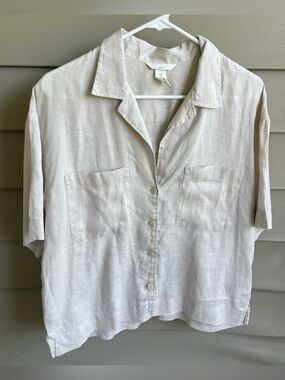 H & M Oversized Linen Button Front Shirt Women's Size Small Cropped Granola